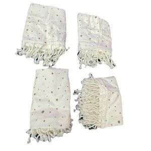 White Cotton Gold Stars Fringe Throw Scarf Holiday Guest Wedding (4) ~38"x36"